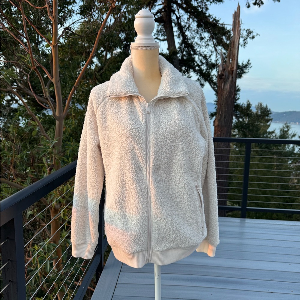 Athleta Women's Fleece Sherpa Jacket Full Zip With Pockets Sz Small Color Cream